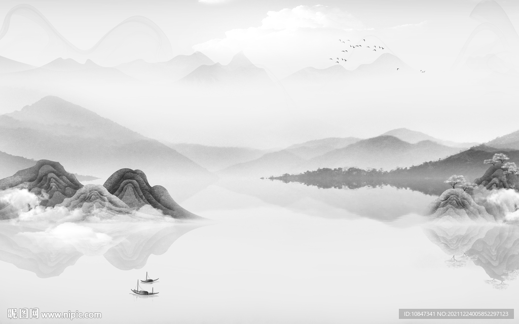 新中式灰色背景山水 TIF分层