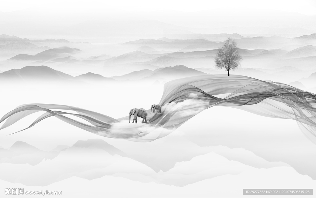 高清 灰色高雅山水 tif分层