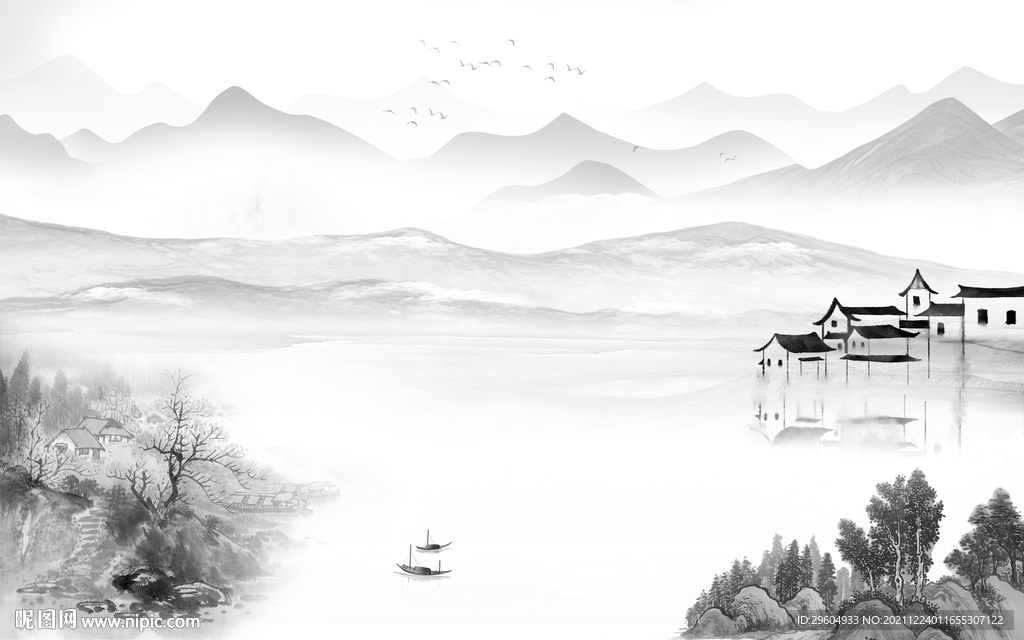 新中式意境灰色山水 tif分层