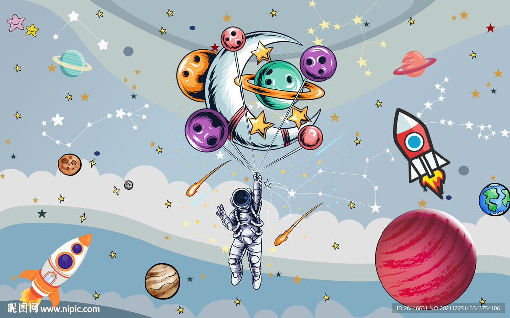 北欧卡通手绘儿童房背景墙壁纸 