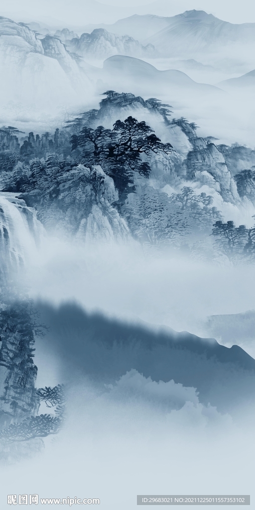 蓝色背景玄关山水 TIF分层