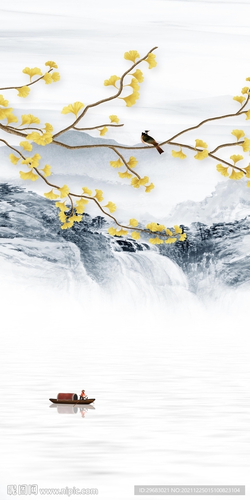 花鸟新玄关山水画 TIF分层