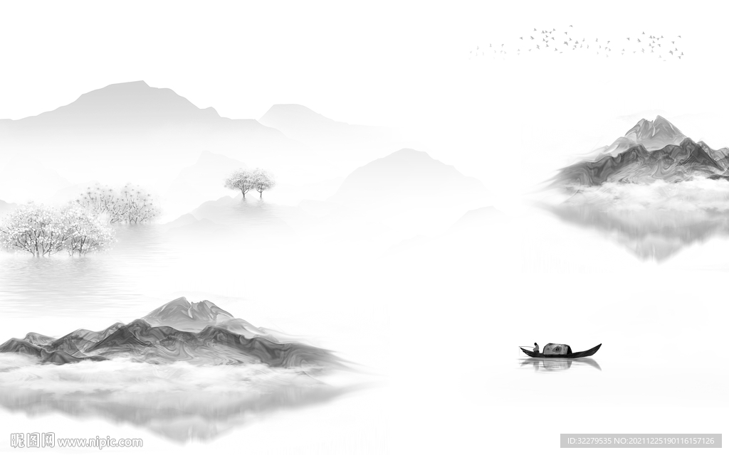 现代 中式灰色山水 分层TIF