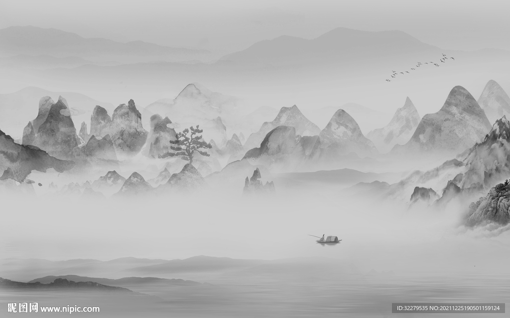 大气 中式灰色山水 分层TIF