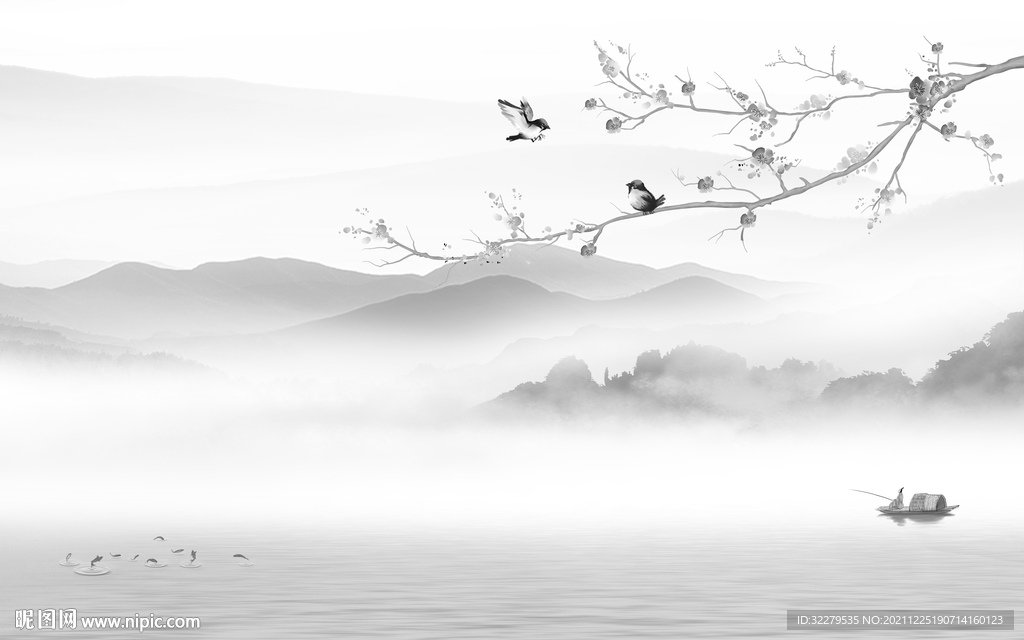 花鸟 灰色爆款山水 分层TIF