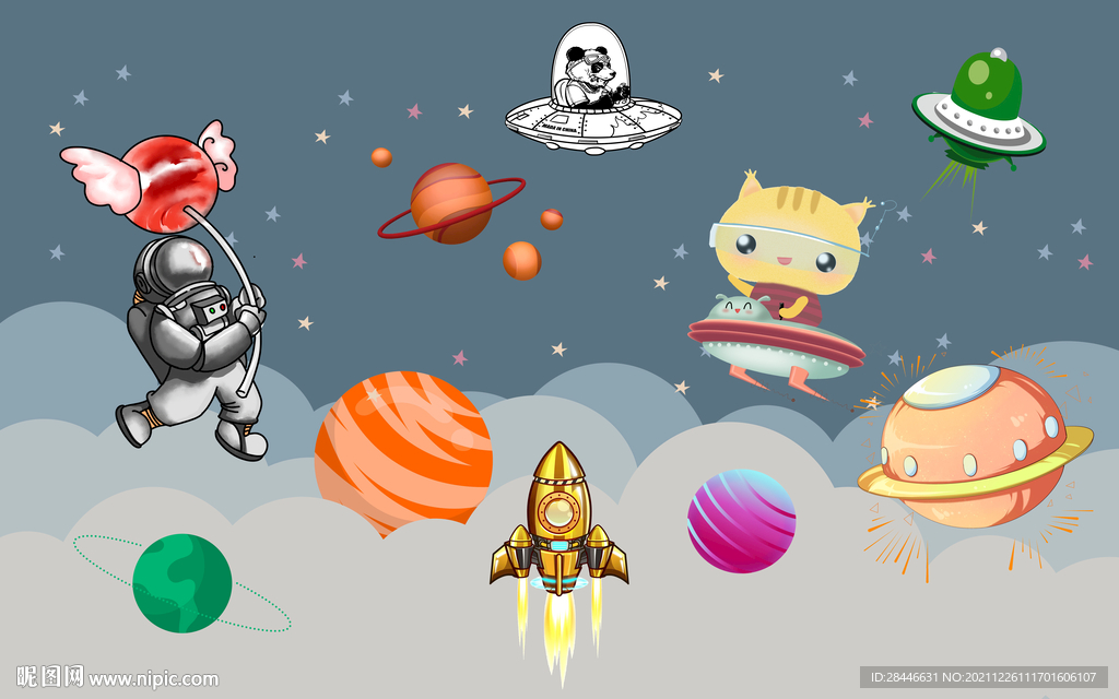 北欧卡通手绘儿童房背景墙壁纸 