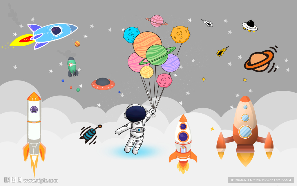 北欧卡通手绘儿童房背景墙壁纸 