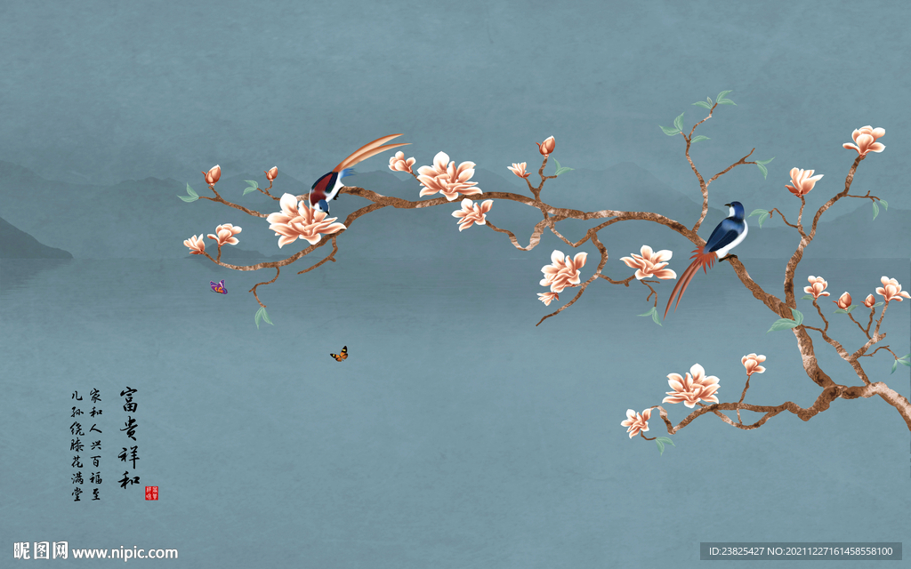 新中式手绘玉兰花鸟电视背景墙