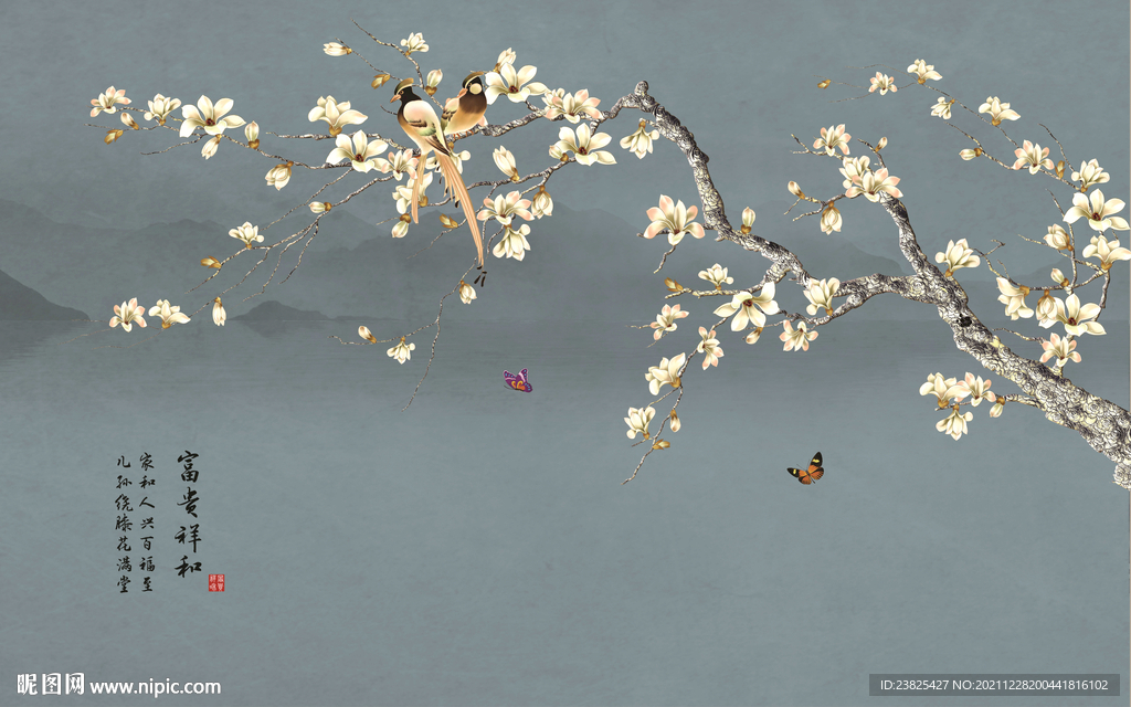 新中式手绘玉兰花鸟电视背景墙