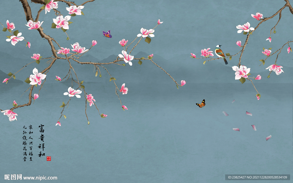 新中式手绘玉兰花鸟电视背景墙