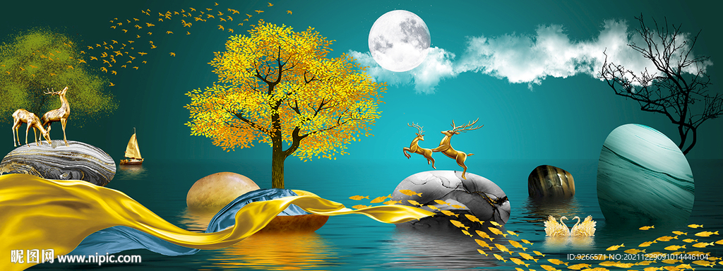 石来运转麋鹿山水抽象横幅装饰画