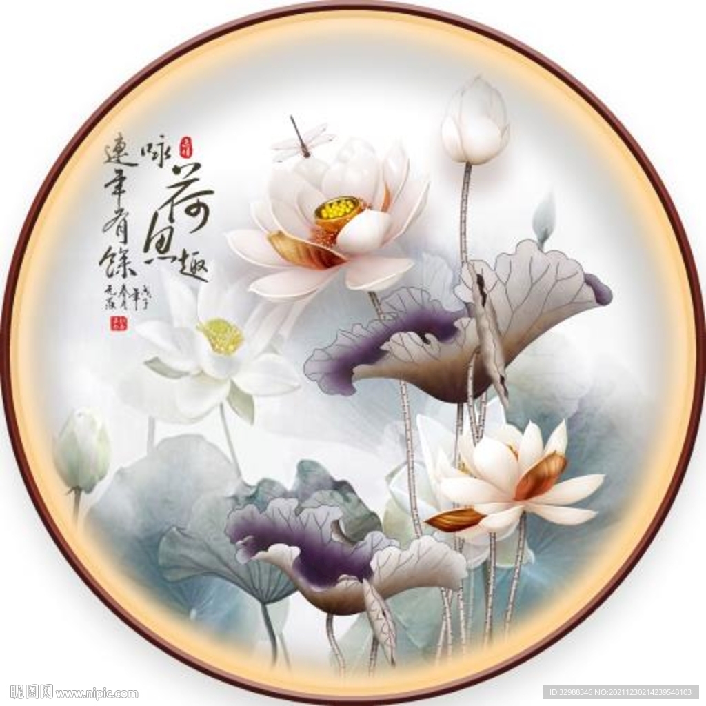 新中式手绘荷花圆形装饰画图片