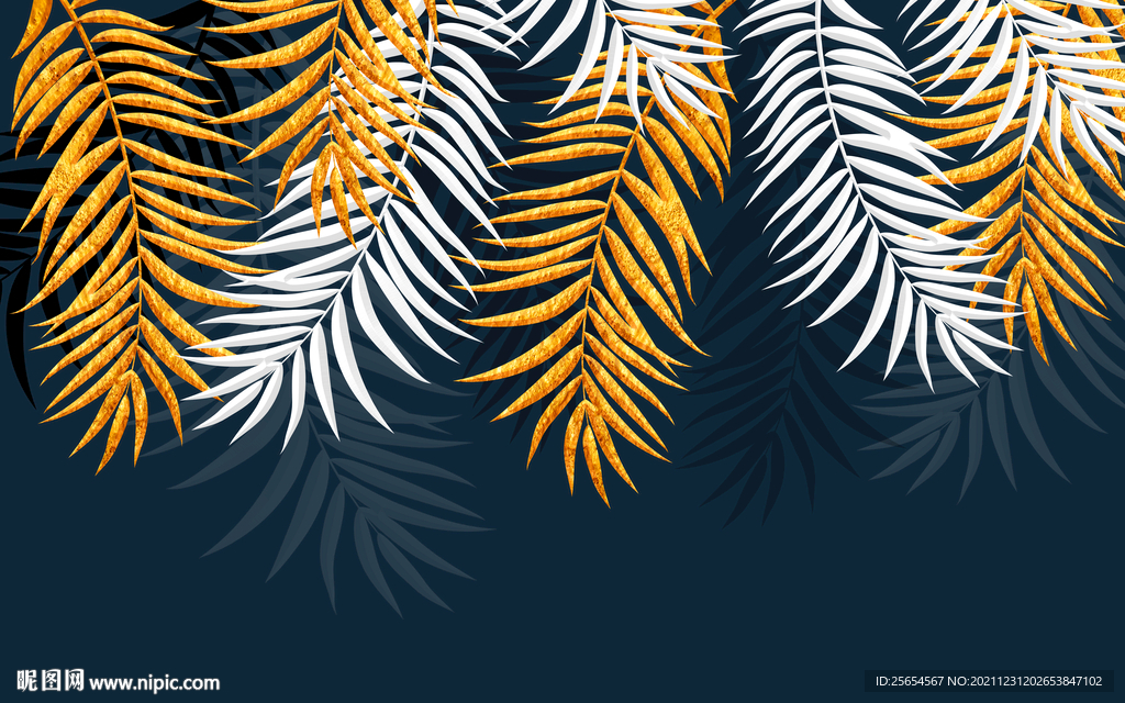简约金色浮雕热带植物背景墙