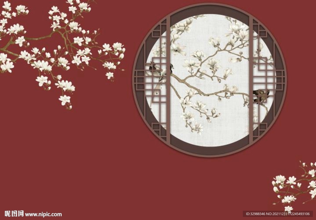 手绘玉兰花鸟背景墙图片