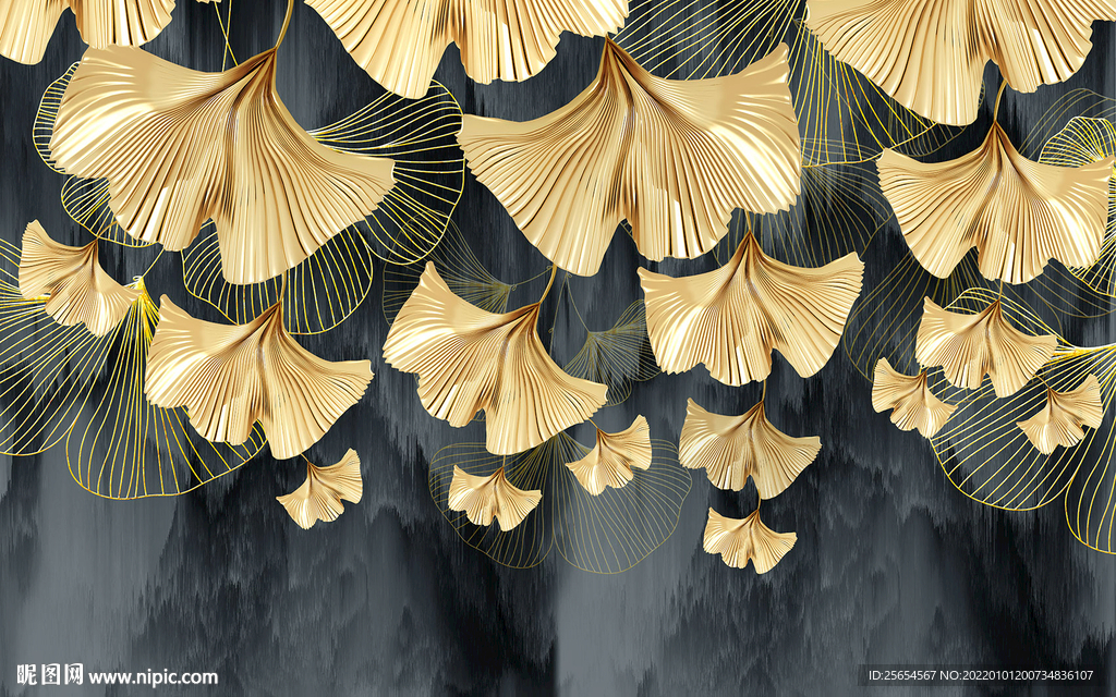 轻奢金色浮雕线条银杏叶背景墙