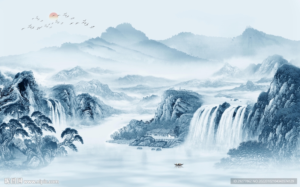 蓝色山水新背景画 tif分层