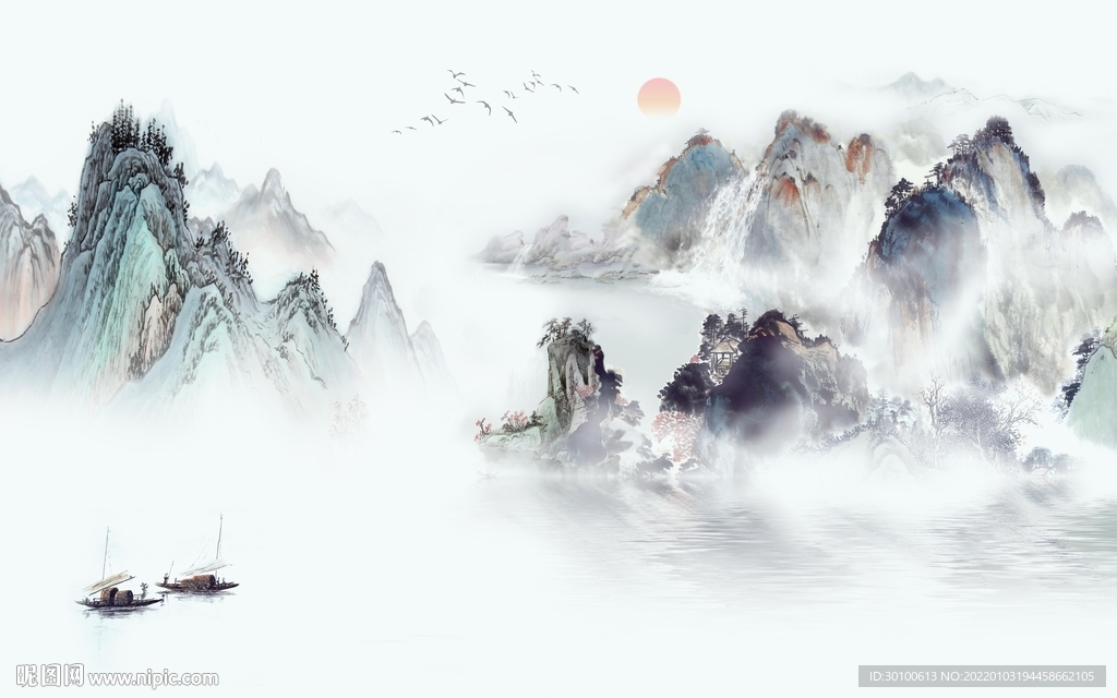 简约客厅背景山水 tif分层