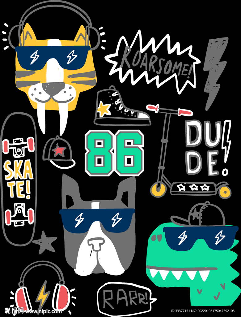 虎头 漫画 字母 恐龙 狗 