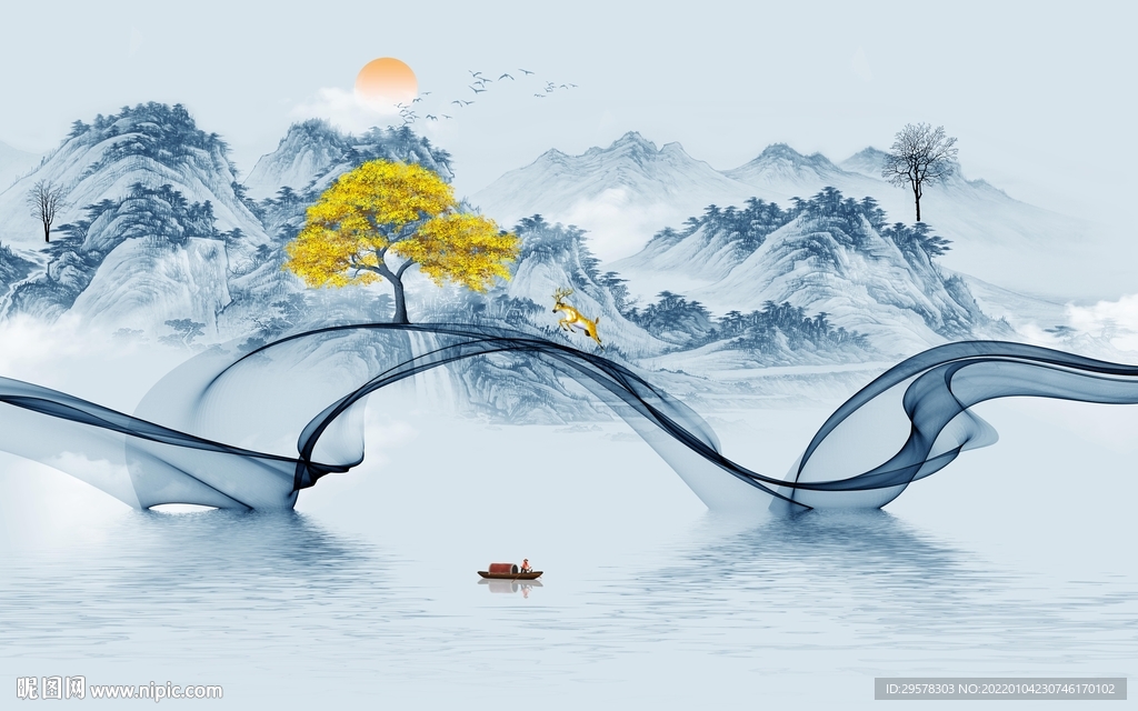 蓝色高端山水画 TIF分层图