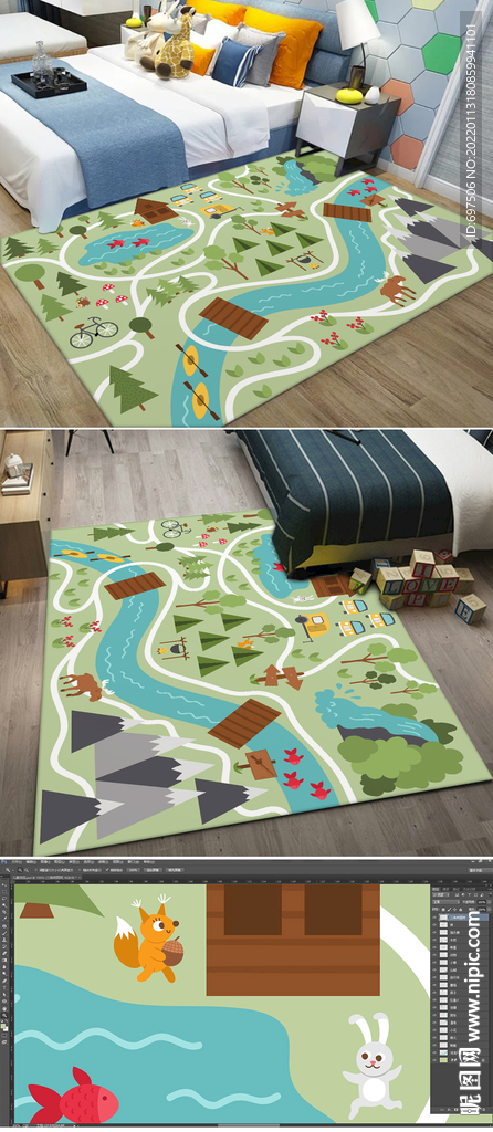 儿童手绘卡通动物森林绿色游戏毯