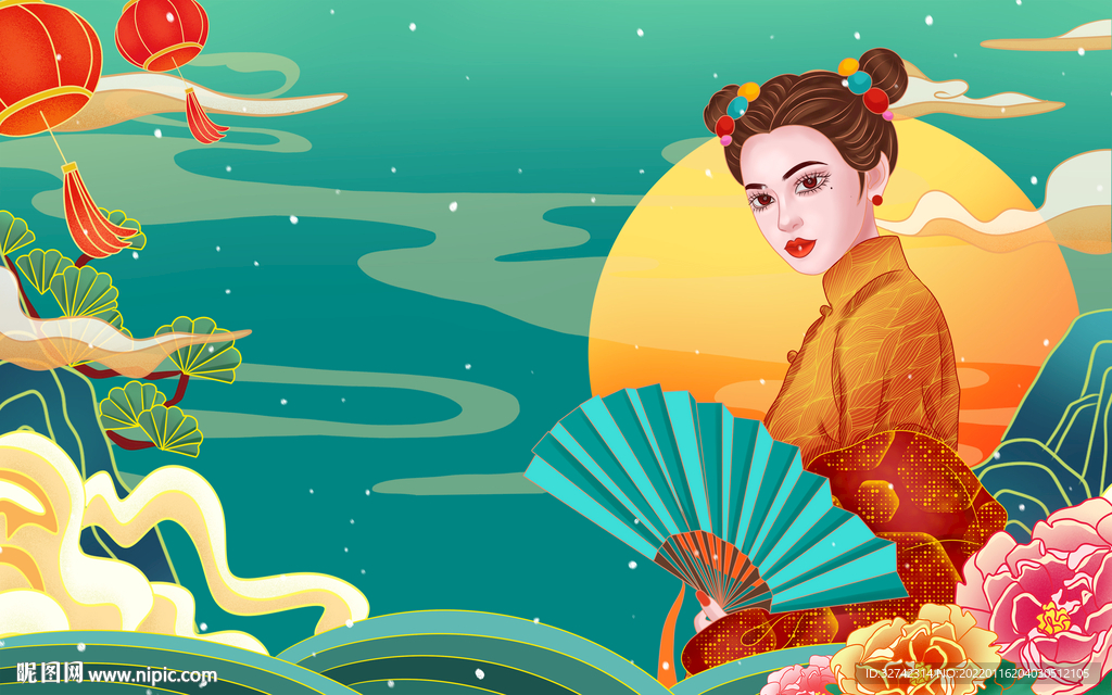 手绘国潮风中国风美女原创插画