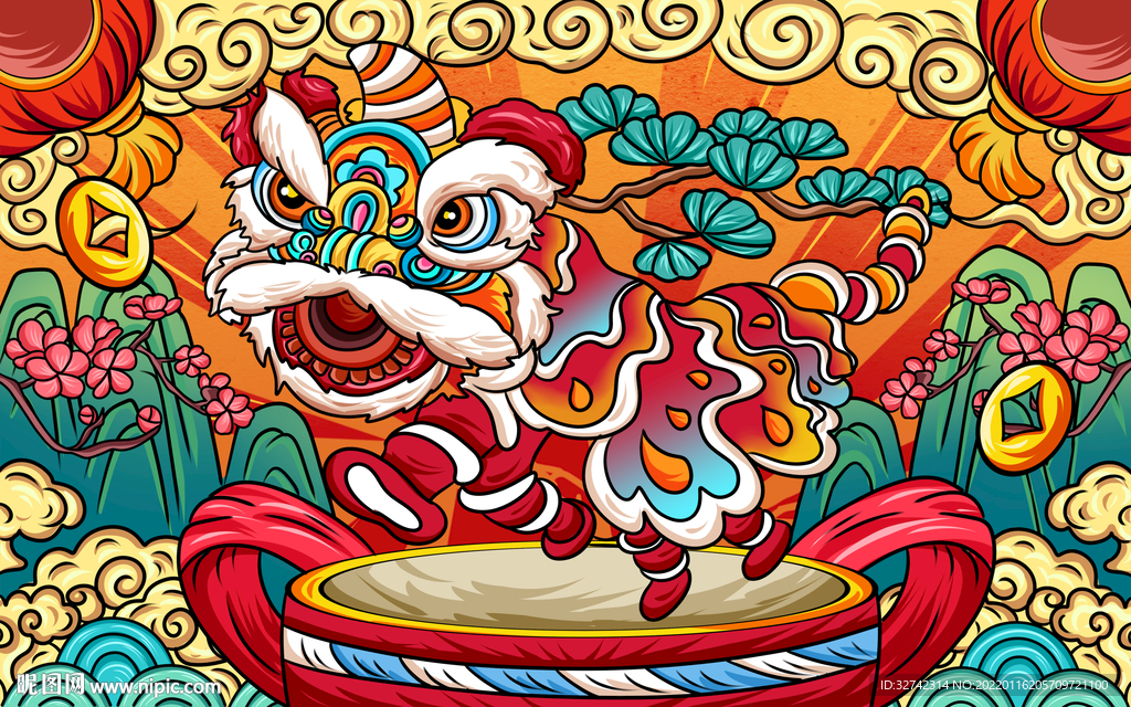 国潮古风新年贺岁舞狮子原创插画