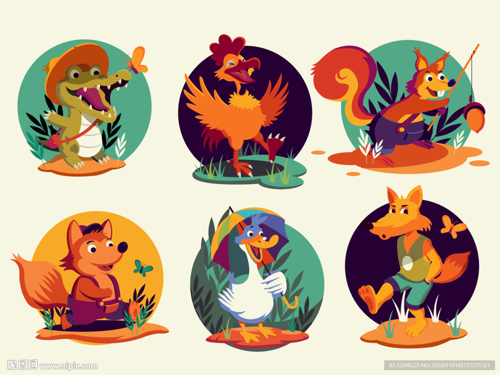 6款卡通玩耍动物设计矢量素材