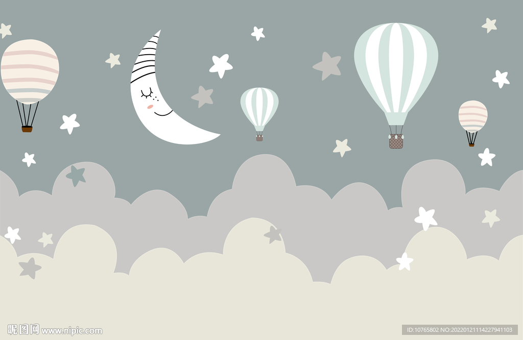 可爱卡通星星月亮气球儿童房壁画