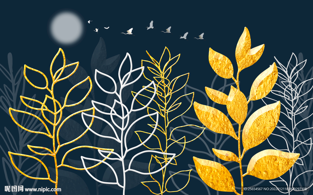 叶子金色浮雕雕刻背景墙壁画