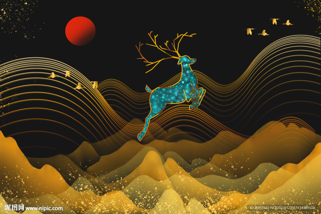 烫金国潮山水鹿装饰画