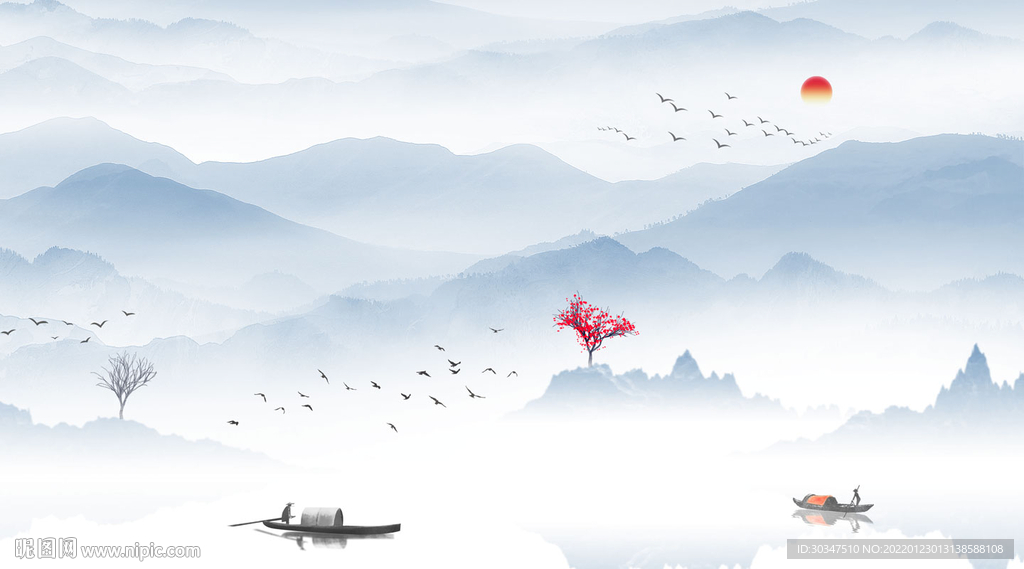 新中式山水水墨电视客厅背景墙