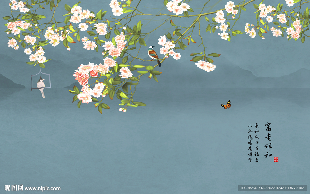 新中式手绘工笔花鸟电视背景墙