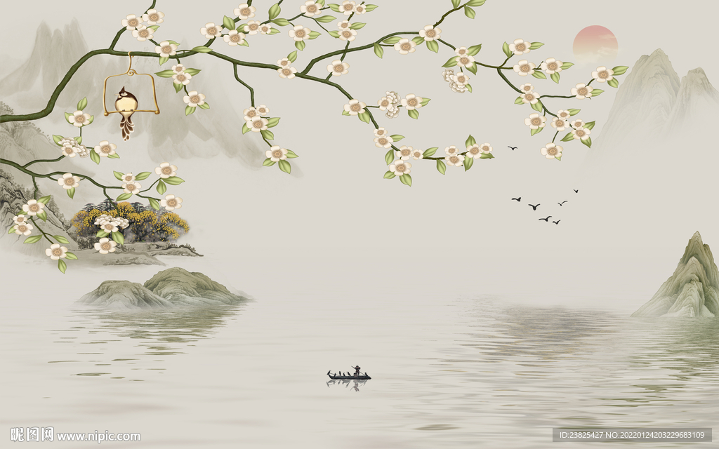 新中式手绘工笔花鸟电视背景墙