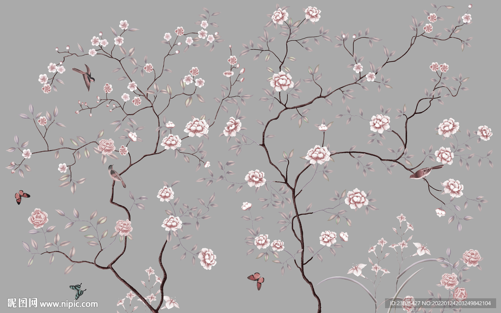 新中式手绘工笔花鸟电视背景墙