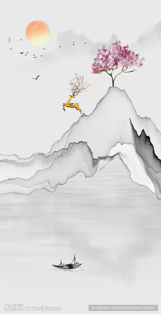 新中式抽象水墨山水玄关背景墙