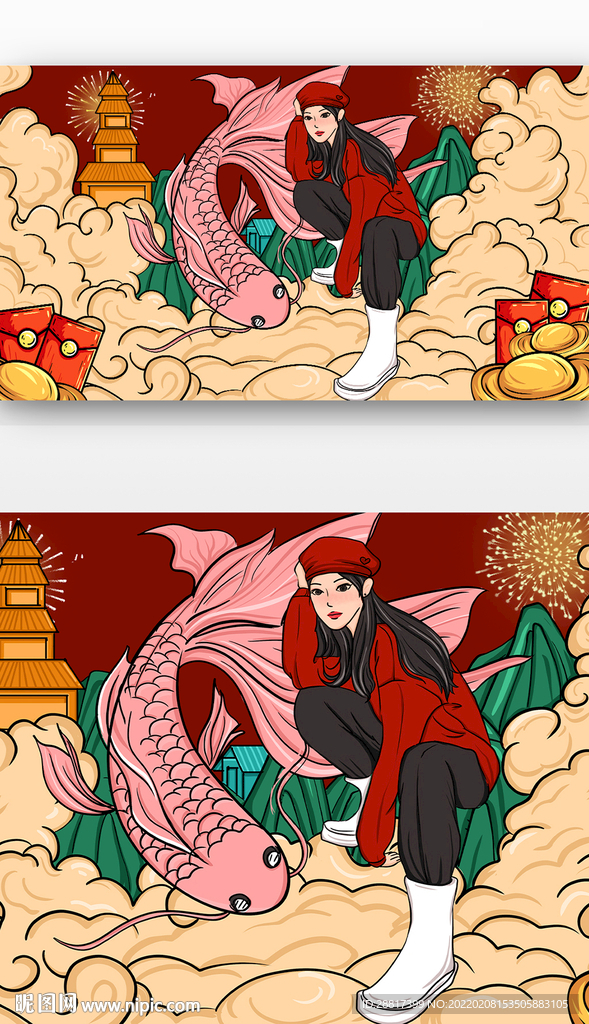 红色喜庆手绘国潮时尚潮流人物