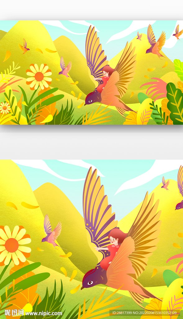 春天女孩坐着燕子飞看花朵盛开