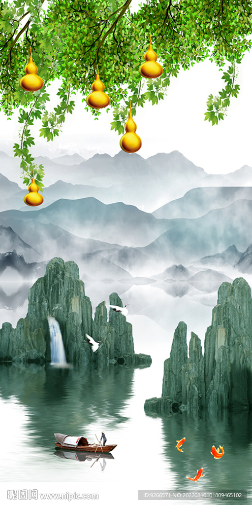 葫芦石来运转麋鹿山水玄关装饰画