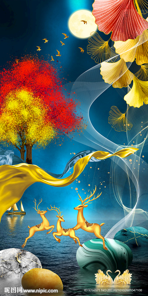 石来运转麋鹿山水线条玄关装饰画