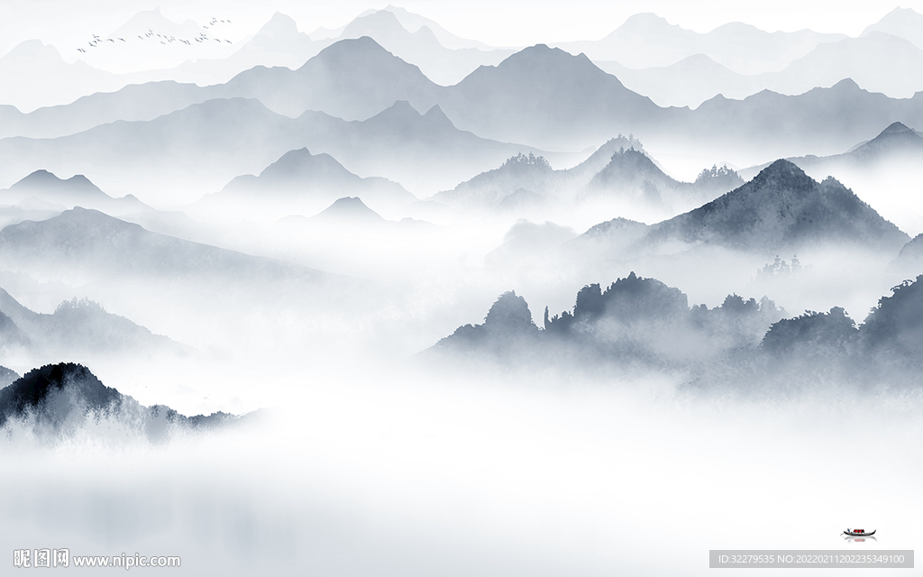 简约中式客厅山水 分层TIF