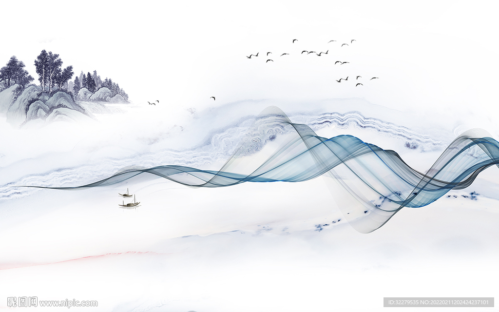 高清中式客厅山水 分层TIF
