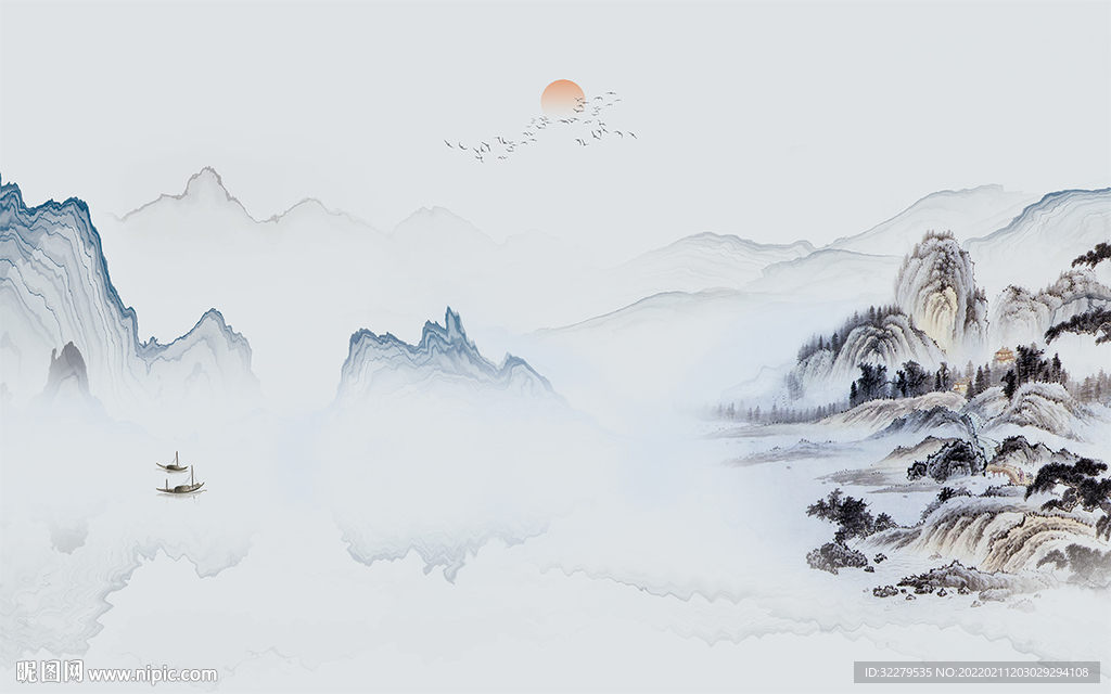 现代 中式客厅山水 分层TIF