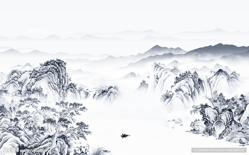 高清新客厅墙山水 TIF分层