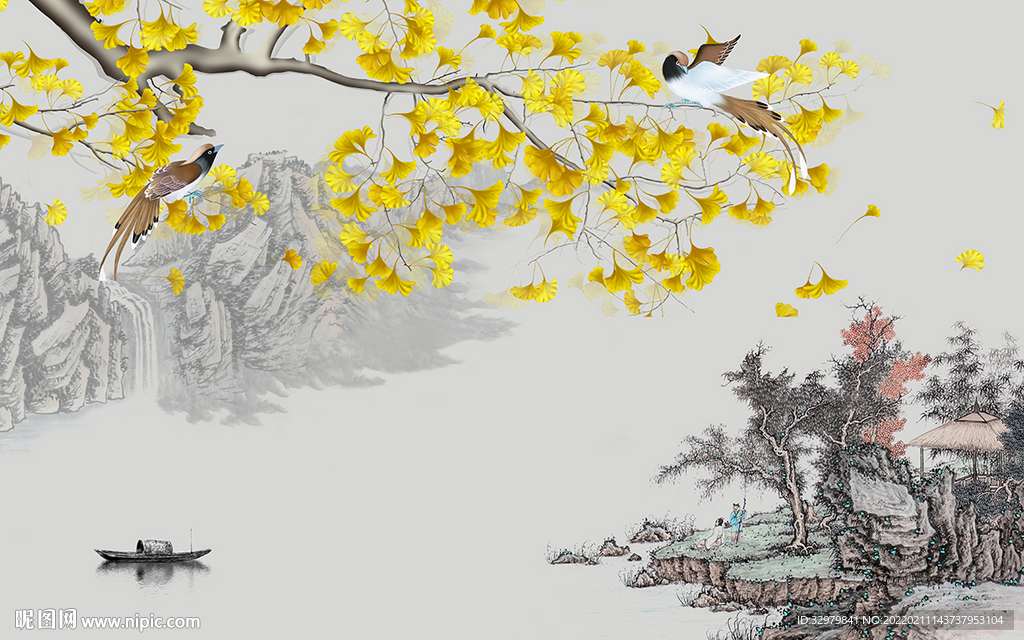 银杏新款背景山水 TIF分层