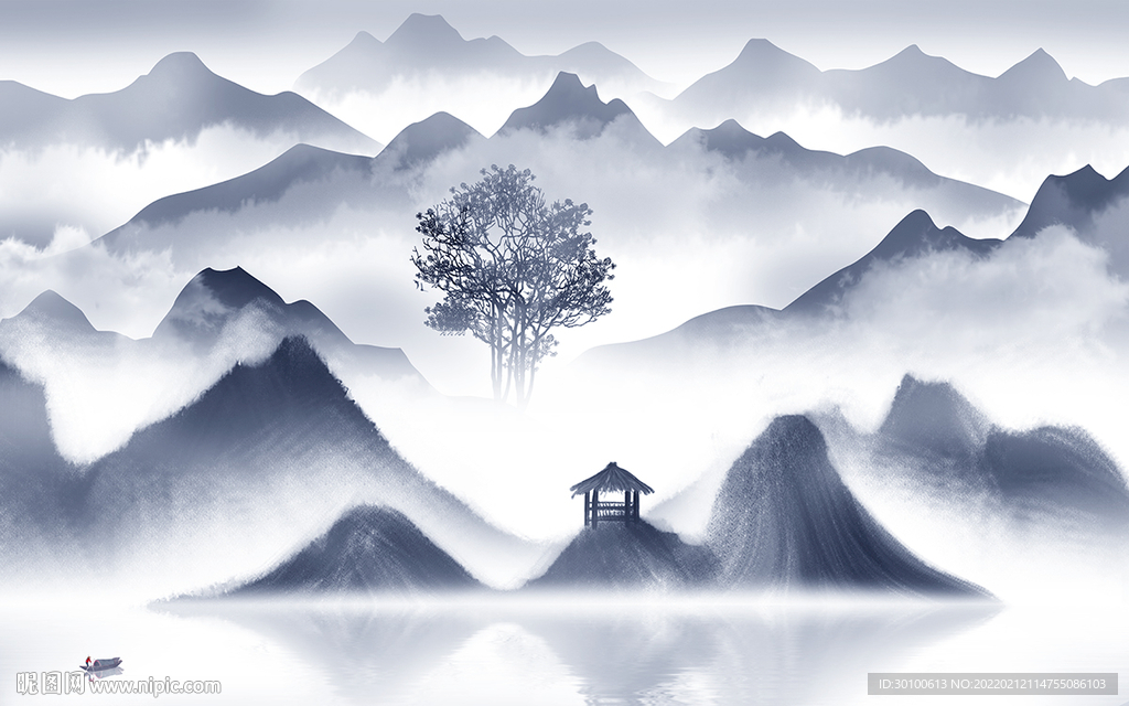 新中式客厅最新山水 tif分层