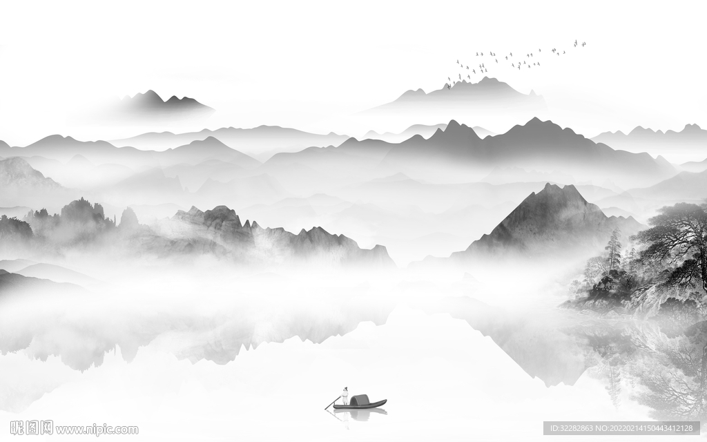 中国风极简灰色山水 TIF分层