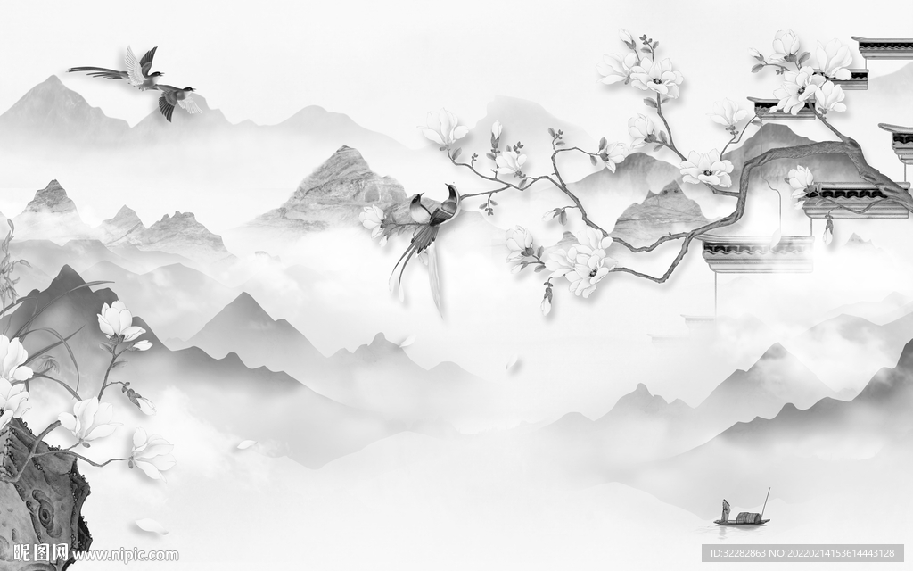 新中式高端灰色山水Tif分层 