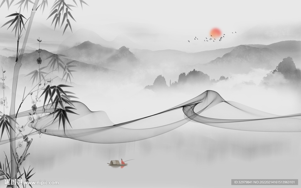 新中式客厅意境山水 tif分层