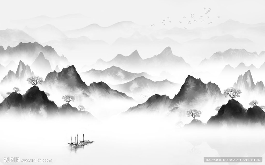 新款客厅灰色山水 tif分层