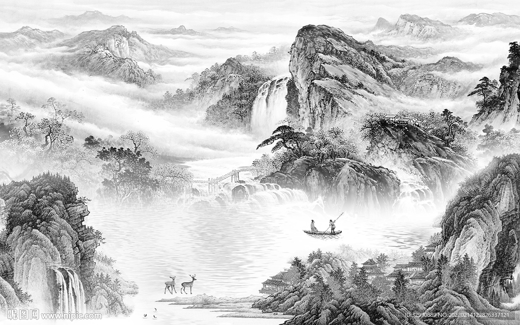 简约 客厅灰色山水 tif分层